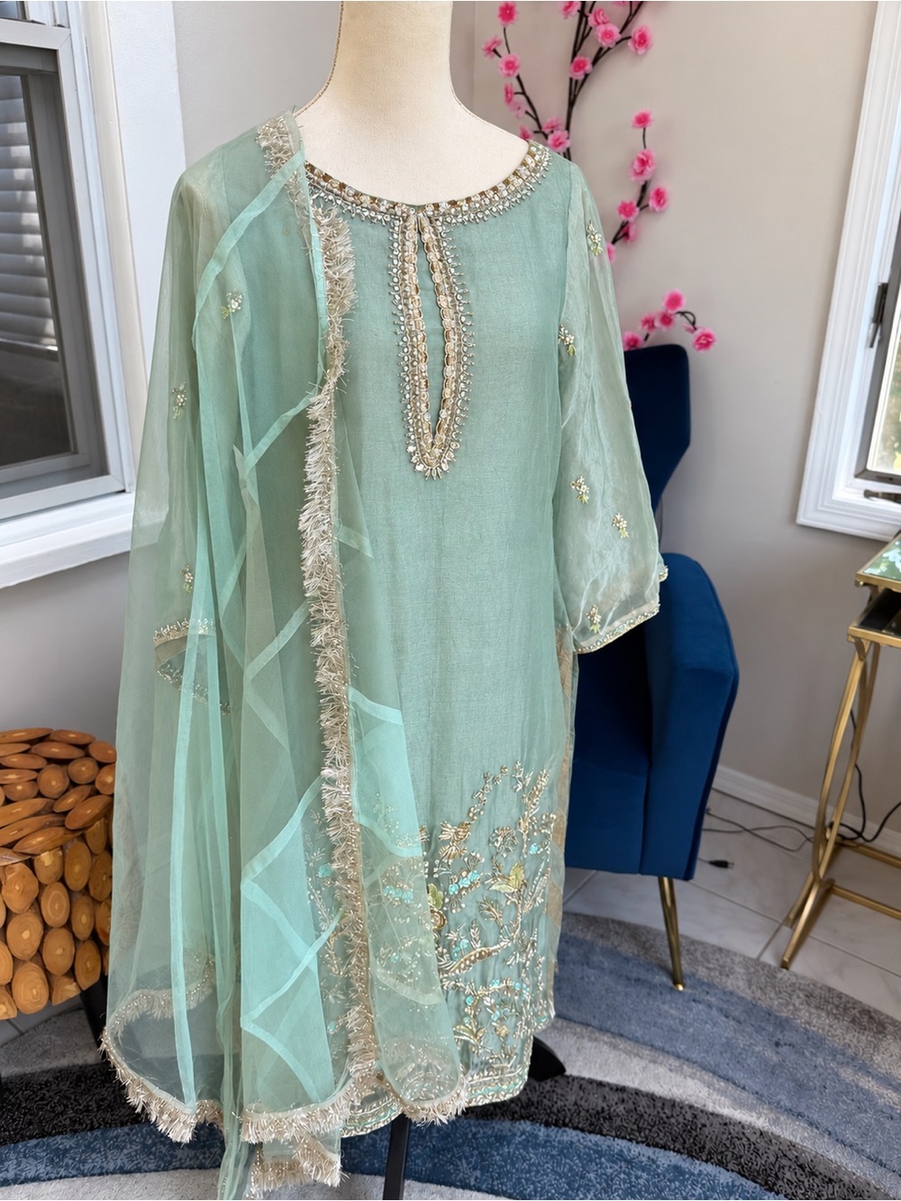 Embellished Mint Green Women's Dress with Sheer Dupatta